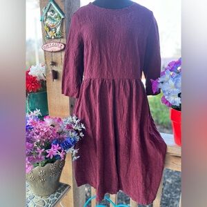 Panda Grove Cottage-Core Prairie Wine Berry Textured Cotton Linen Loose Dress M
